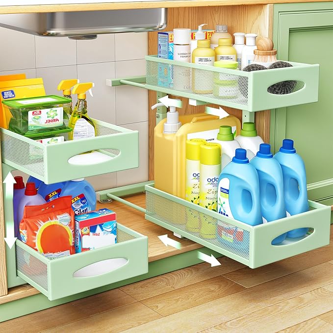 Under Sink Organizer, 2 Tier Pull out Cabinet Organizer Baskets with Mesh Sliding Drawers, Slide out Storage Shelf for Home, Kitchen, Bathroom, Pantry, Office Cabinet(1 Pack, Green)