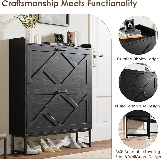 Nicetree Shoe Storage Cabinet with 2 Flip Drawers, Freestanding Shoe Organizer, Shoe Cabinet with Metal Legs, Narrow Shoe Rack Cabinet, Farmhouse Slim Shoe Cabinet for Entryway, Foyer, Hallway, Black