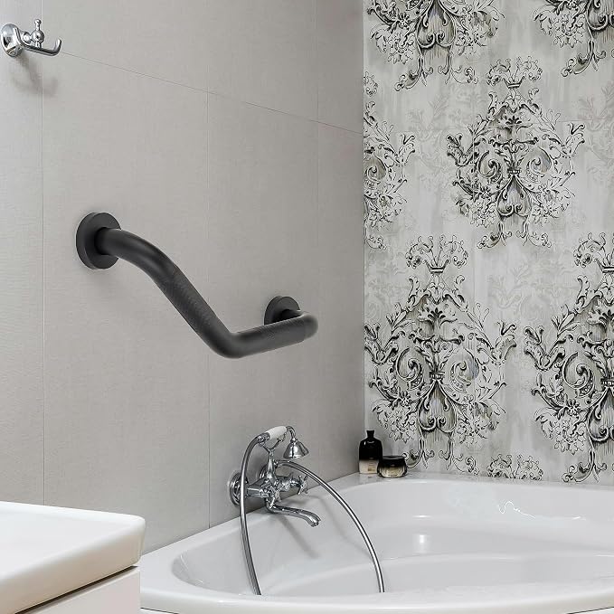 Grab Bars for Bathtubs and Showers- 1-1/4 x 16 Angled Shower Grab Bar for Seniors Knurled Stainless Steel Handicap Grab Bars for Wall (Black, 2 Pack)