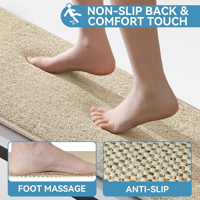 Non Slip Shower Mat Bathtub Mat 16x24 Inch, Quick Dry Bath Mat with Drain, Soft PVC Imitation Loofah Foot Scrubber Bath Mats for Bathroom Tub Shower Floor, Hangable & Hook Included, Beige