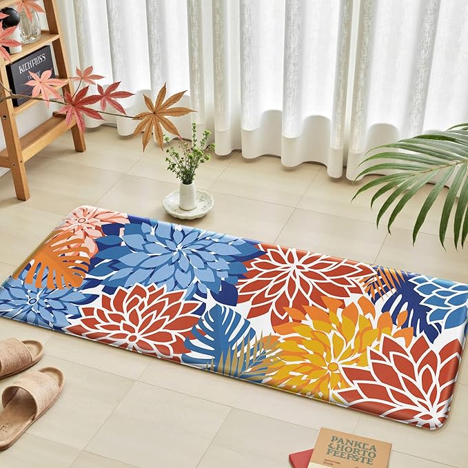 Arenarug Kitchen Mats for Floor 2PCS Cushioned Anti Fatigue Kitchen Mats Waterproof Non Slip Kitchen Mat Rug Set Comfort Foam Standing Mat for Sink, Laundry, Office,17.3" x 28" + 17.3" x 59", Red Blue