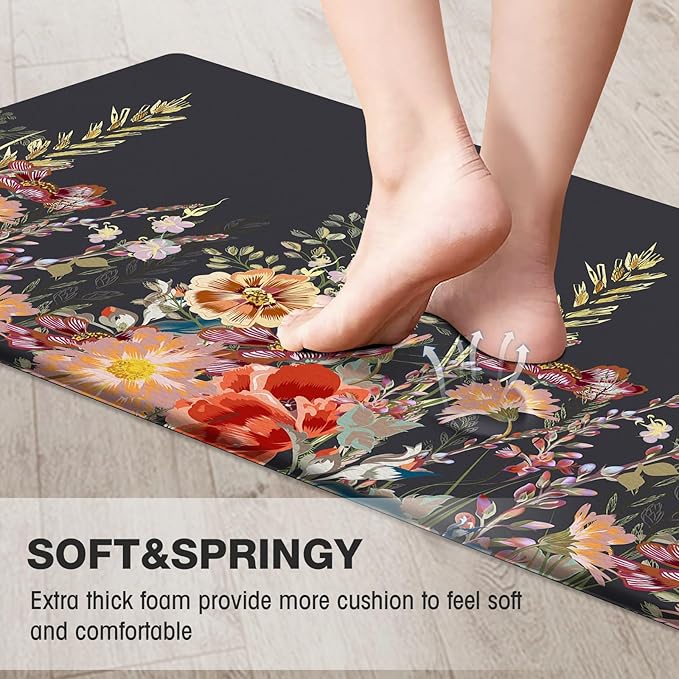 MAYHMYO Kitchen Rug Anti Fatigue Kitchen Mat Cushioned Black Floral Plants Cute Vintage Kitchen Rugs Non Skid Waterproof Kitchen Rugs and Mats for Floor Laundry Standing Desk Sink