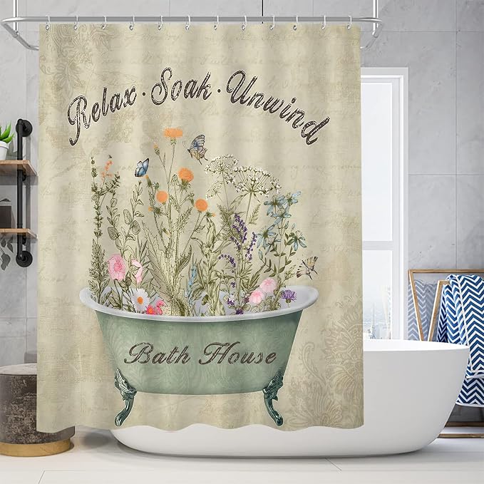 Nkzply 4 Pcs Green Floral Shower Curtain Set Vintage Flowers Leaves Bathroom Sets with Shower Curtain and Rugs Rustic Plant Farmhouse Bathroom Decor Country Bathtub Bathroom Rugs Toilet Lid Cover
