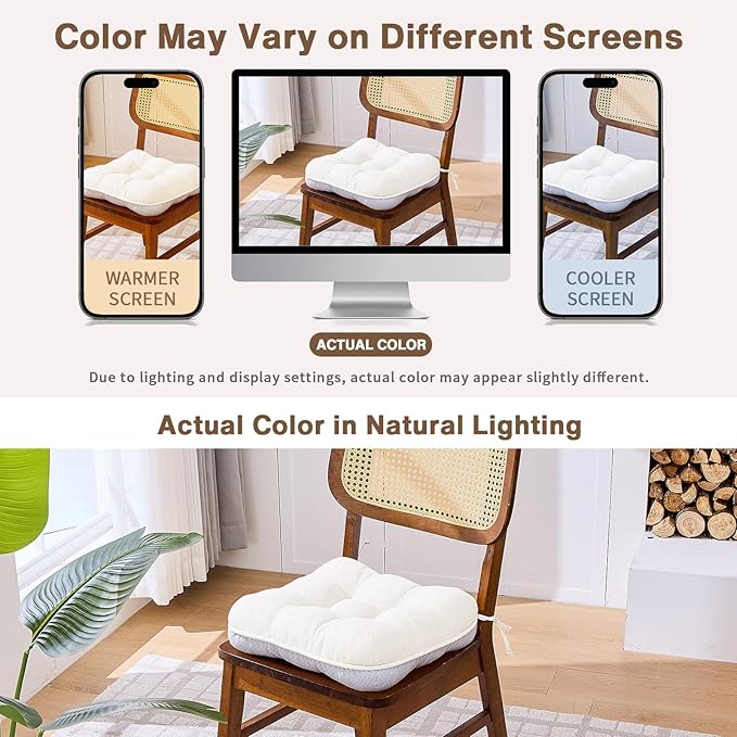 BETU White Chair Cushions for Dining Chairs Set of 2,3.5" Thick Kitchen Table Chair Pads with Ties,Non Slip Backing and Covers, Seat Cushion for Dining Room,Bar,Patio Chairs,15.5"X15.5"X3.5",White