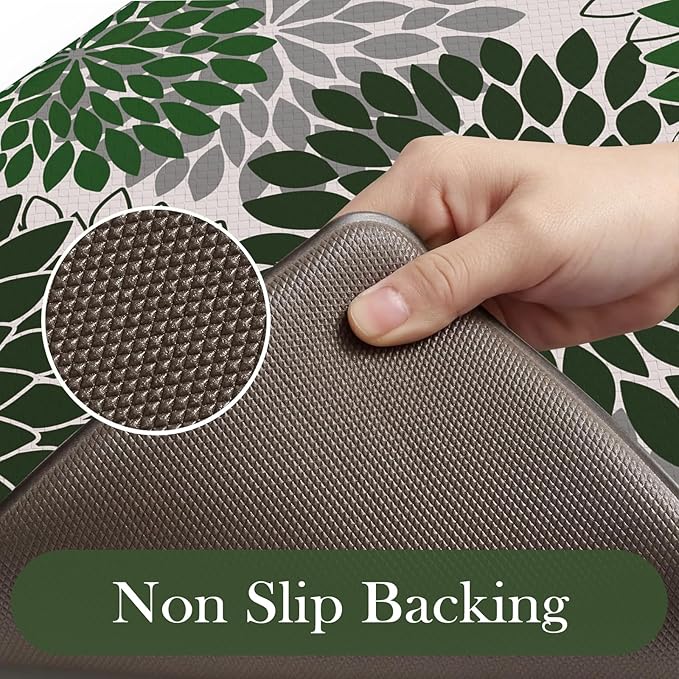 Anti Fatigue Kitchen Mat 2PCS,Boho Dahlia Floral Kitchen Rugs Non Slip Rubber Backing,Waterproof Farmhouse Kitchen Mat for Floor,Cushioned Standing Mat Christmas Decor for Laundry,Sink,Desk,Green