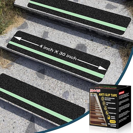10 Pack 4” x 30” Anti Slip Traction Treads with Glow in The Dark Stripe, Outdoor Waterproof Non Skid Pre-Cut Tape with Roller, High Traction Friction Abrasive Adhesive for Stairs Step