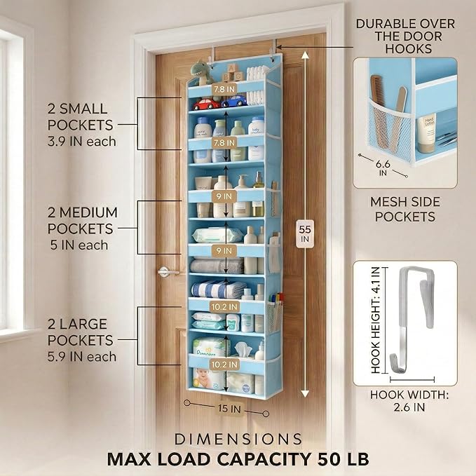 HOMELUX THEORY UPGRADED 6 Tiers Over The Door Organizer Hanging - 100D EXTRA THICK & 50lbs HUGE CAPACITY, 12 Side Mesh Pockets Over The Door Shoe Organizer, Hanging Closet Organizer (Baby Blue, 1pc)