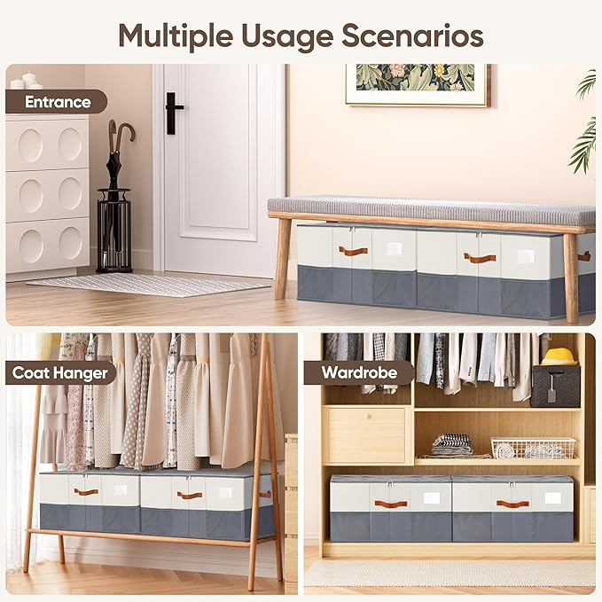 Shoe Organizer for Closet, 2 Pack Shoe Storage Containers with Adjustable Dividers, Space Saving Shoe Box Storage Organizers Bins with Clear Lid & 4 Handles, Fits 24-48 Pairs, Beige & Grey