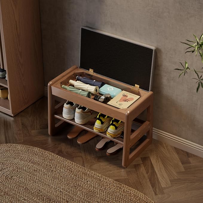 AQIMUELE Shoe Rack Bench,2 Tiers Shoe Bench with Storage with Flip-Top,Wood Shoe Rack for Entryway,Hallway（Walnut Upholstered Seat,11.8" D x 23.62" W x 15.7" H）