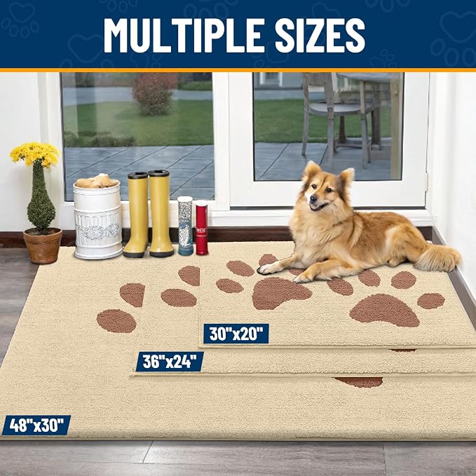 Smiry Dog Door Mat for Muddy Paws, Absorbs Moisture and Dirt, Low-Profile Entryway Mat with Non-Slip Backing, Entry Indoor Outdoor Doormat for Inside Floor (48x30 Inches, Light Beige, Paw)
