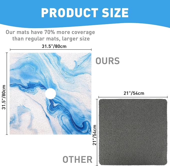 Square Shower Mat Non Slip: 32 x 32 Inch Extra Large Shower Mats with Drain Hole in Middle - PVC Loofah Anti Slip Shower Floor Matt for Inside Shower