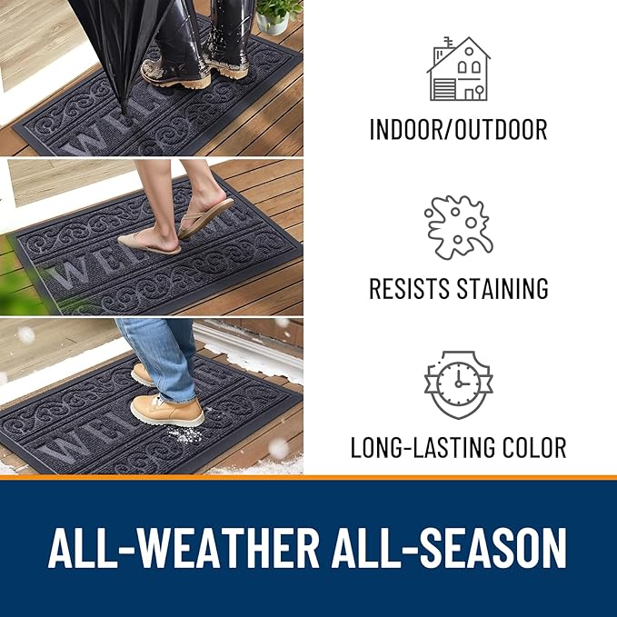 OLANLY Welcome Door Mat Indoor Outdoor Entrance, Heavy Duty Sturdy Front Door Mat, Waterproof All-Weather Doormat, Stain Resistant, Low Profile, Easy Clean Patio Entryway Mat, 29.5 x 17, Medium Grey
