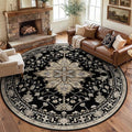 RELEANY Area Rugs Round 8ft Washable Non-Slip, Floral Vintage Distress Medallion Carpet for Living Room Bedroom Dining Room, Black Brown Neutral Dark Tan