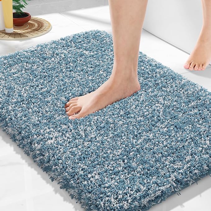 Yimobra Bathroom Rugs Non Slip Washable, Ultra Soft and Water Absorbent Bath Mats, Plush Fluffy Shower Mat Outside, Microfiber Thick Matts for Bathroom Floor/Sink, 24X17, Denim Blue and White