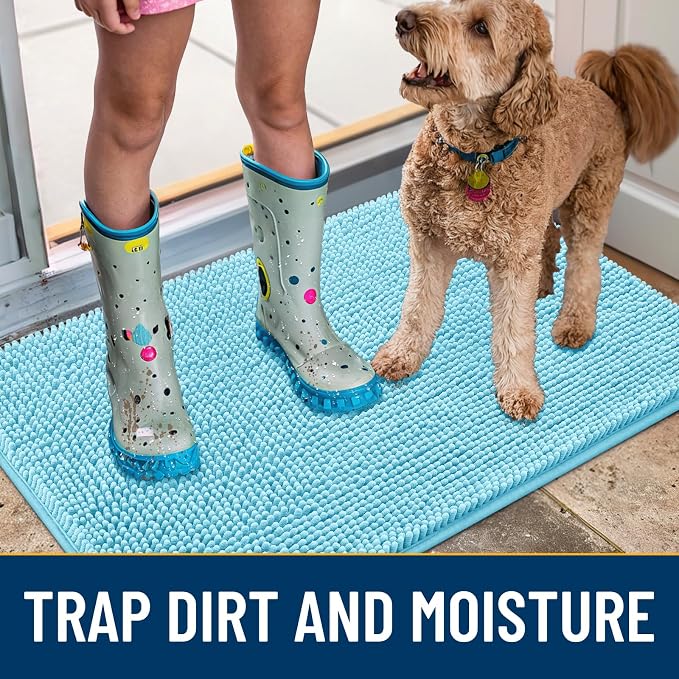 Smiry Dog Door Mat for Muddy Paws 30x20, Absorbent Dirt Trapper, Non-Slip Washable Chenille Entryway Rug for Inside Floor, Sky Blue, Classic Solid