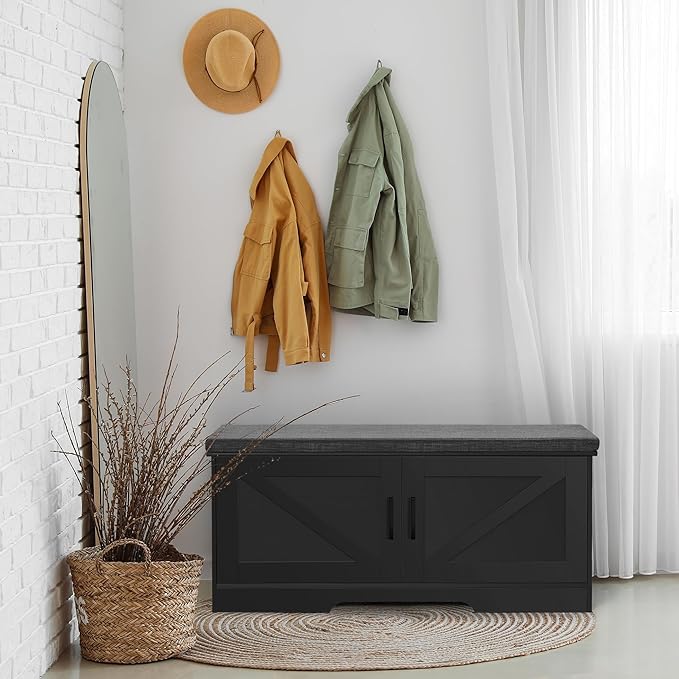 HOMSHO 2-Tier Storage Bench, 39.4" Wide Shoe Bench with Padded Seat Cushion, Entryway Bench with 2 Barn Doors and Adjustable Shelf, Black