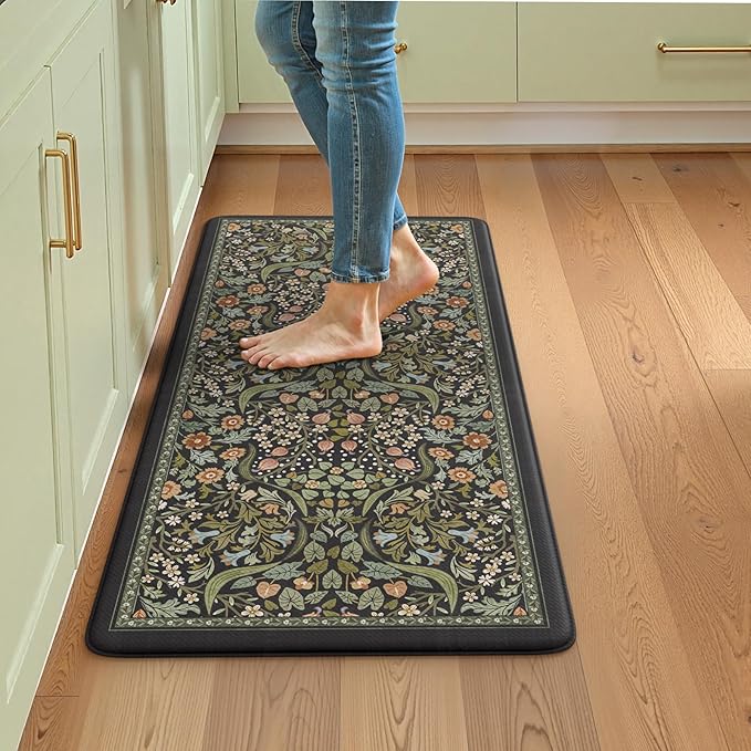 Collive Anti Fatigue Kitchen Mats, Cushioned Floral Kitchen Rugs Non Slip Waterproof Standing Mat, Black Vintage Comfort Desk Rug for Office, Sink, Laundry, 20"x39"