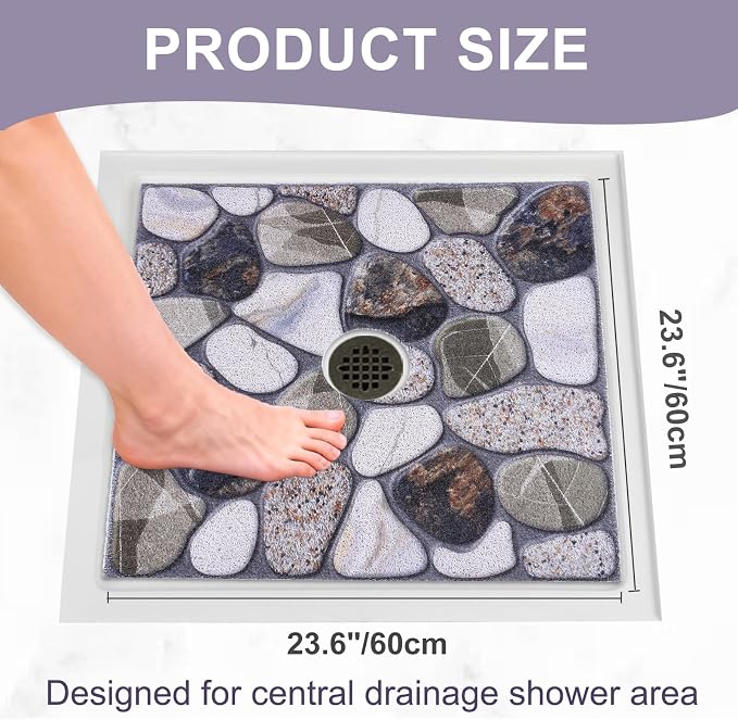Square Shower Mat Non Slip: 24x24 Inch Extra Large Shower Mats with Drain Hole in Middle -Anti Slip Shower Mats for Inside Shower -Loofah Shower Floor Mat Bath Mat for Shower Stall Bathtub Elderly