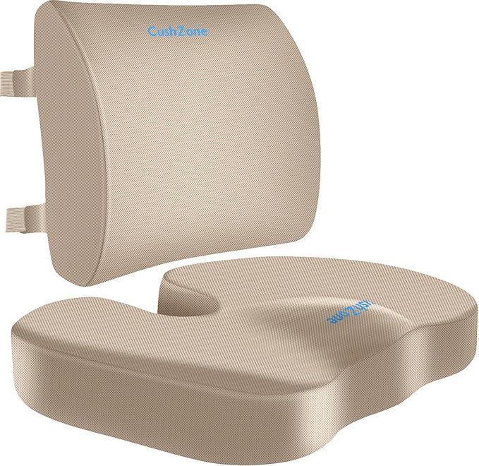 CushZone Ergonomic Seat Cushion & Lumbar Support Pillow - Memory Foam for Sciatica Pain Relief & Posture Correction, Non-Slip Chair Cushions for Office Chair/Car/Wheelchair/Travel, Khaki