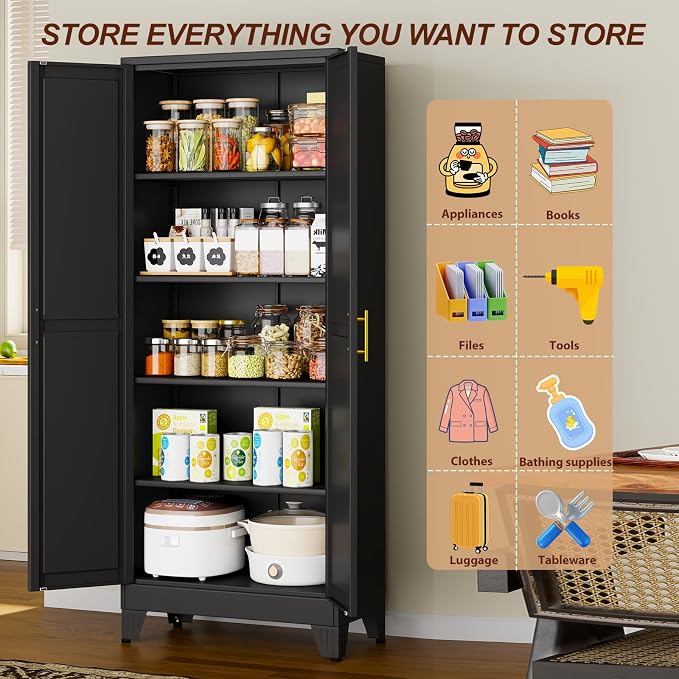 71" Black Metal Garage Storage Cabinet with 2 Doors and 4 Adjustable Shelves,Kitchen Pantry Cabinet,File Cabinet,Steel Tool Cabinet for Home,Office,Garage,School,Warehouse
