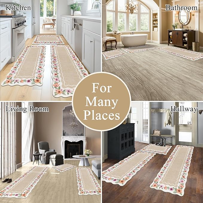 Vaukki Boho Kitchen Rug Sets 3 Pieces, Washable Kitchen Mats for Floor, Non Slip Soft Kitchen Area Rug Floor Mat for Kitchen, Laundry Room and Hallway (Flower-Beige, 20''x32''+20''x47''+20''x59'')
