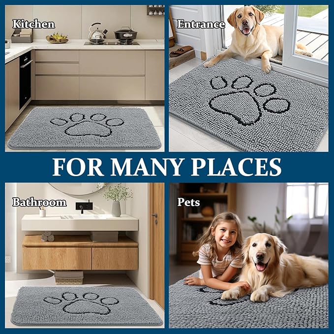 OLANLY Dog Door Mat for Muddy Paws 54x24, Paw Print Design, Absorbs Moisture and Dirt, Absorbent Non-Slip Washable Doormat, Quick Dry Chenille Mud Mat for Dogs, Entry Indoor Entryway Carpet, Grey