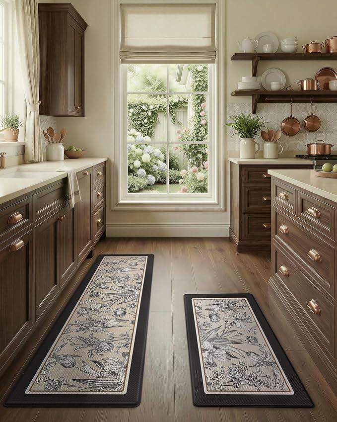 LUMI Anti-Fatigue Kitchen Floor Mats Set of 2,Cushioned Comfort Standing Rug Waterproof 2PCS, Non-Slip Ergonomic Foam Runner for Sink, Laundry, Office & Home,17x29+17x59,