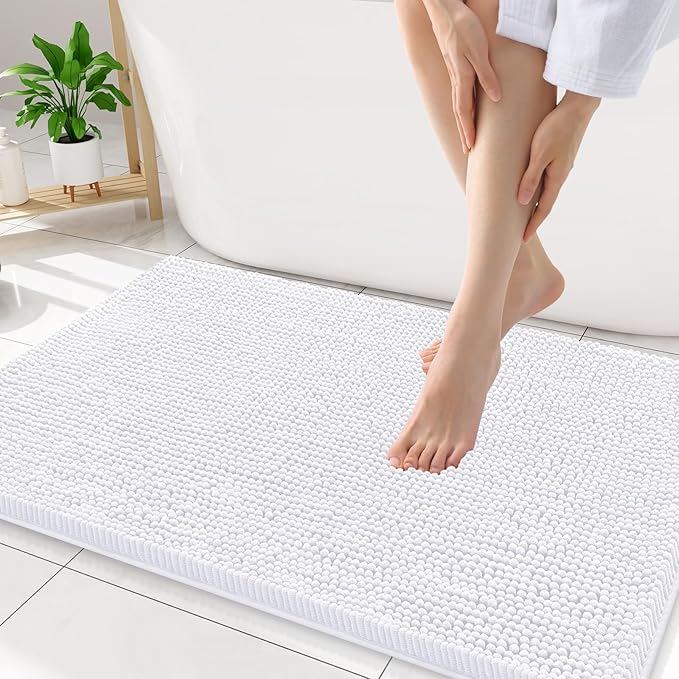 Smiry Luxury Chenille Bathroom Rugs 34x21, Extra Soft and Absorbent Shaggy Bath Mat, Machine Washable, Non-Slip Plush Carpet Runner for Tub, Shower, and Floor, Home Decor Accessories, White