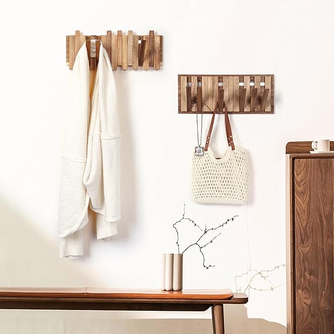 Wall Coat Rack for Entryway: Rustic Wooden Folding 8 Hooks Mount 16.5inch Decorative Piano Hanger for Farmhouse Hallway Bathroom for Towel Backpack Jacket (Neat Style)