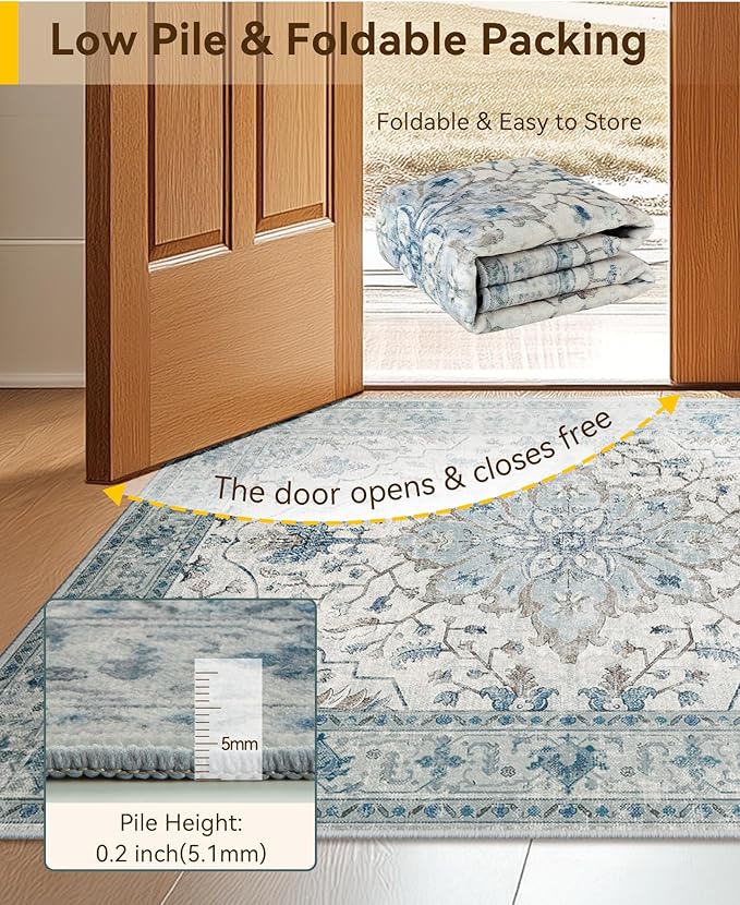 RELEANY Area Rugs Runner 2'6"x14' Washable Non-Slip, Floral Vintage Distress Medallion Carpet for Kitchen Hallway Bedroom Beside Laundry Room Bathroom, Light Blue Navy Gray White