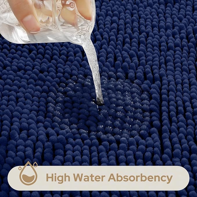 HOMEIDEAS 3 Pieces Bathroom Rugs, Ultra Soft Non Slip Absorbent Chenille Toilet Bath Mat Set (Navy Blue)