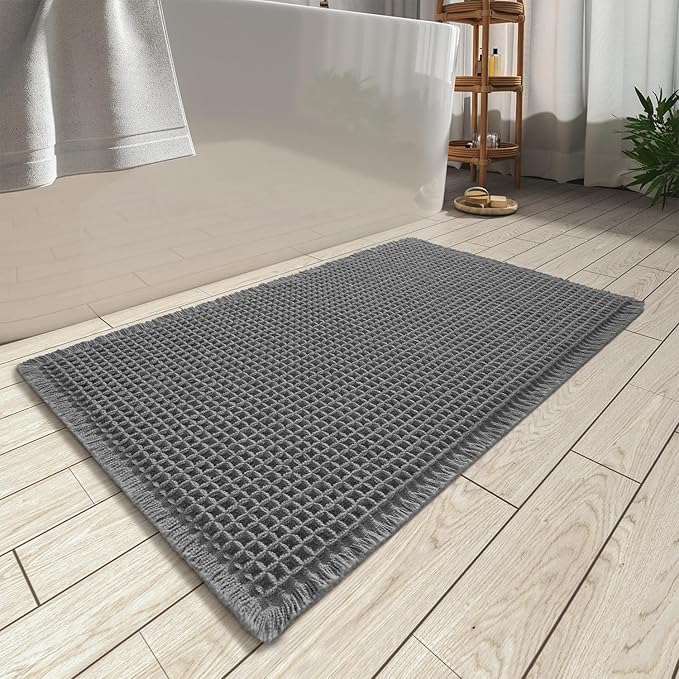 AMOAMI Upgraded Waffle Bath Mat, Super Absorbent Non Slip Bath Mats for Bathroom Floor, Washable Bathroom Rugs with Tassels, Rubber Backed Bathroom Mats, Ultra Soft, 24" x 36", Dark Grey