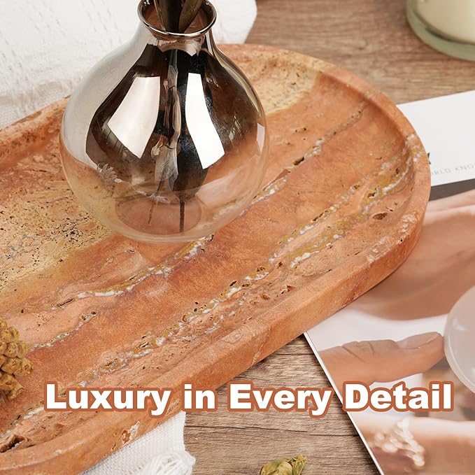 Koville Turkish Natural Travertine Tray, 12"x6" Vanity Decorative Marble Wabi Sabi Decor for Home, Countertop Organizer, Catchall for Perfume, Candles, Jewelry Dish