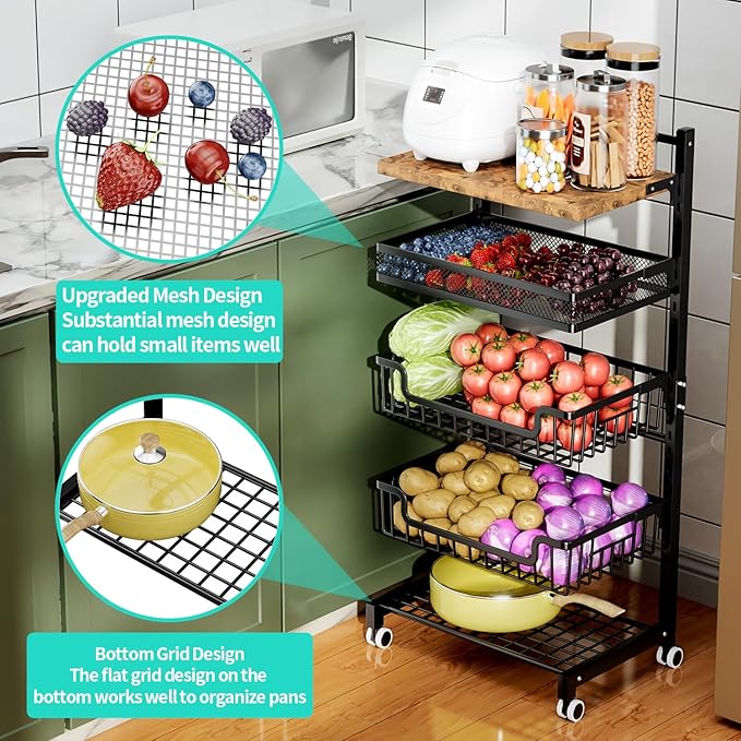 HapiRm Fruit Basket Kitchen Cart - Floor 5 Tier Adjustable Fruit and Vegetable Storage Rack, Large Capacity Rolling Kitchen Carts on Wheels for Pantry Snack Potato and Onion Storage