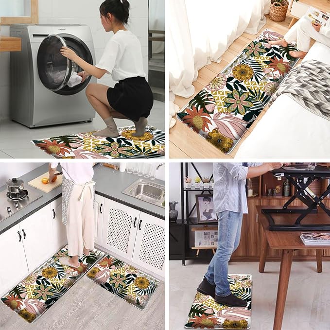 Bulijojo Boho Floral Anti Fatigue Kitchen Floor Mats Set of 2 Waterproof Kitchen Sink Runner Rug Standing Mat Cushioned Kitchen Rugs Comfort Doormat 17"x47"+17" x30“