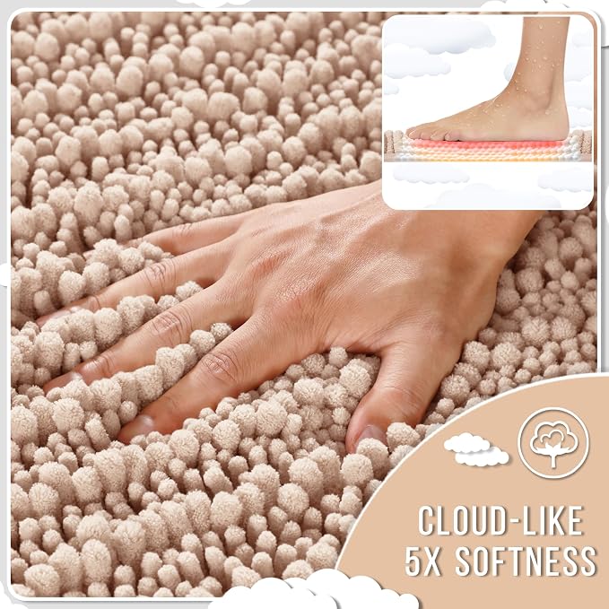 Yimobra Bathroom Runner Rug 70x24 Inch - Extra Long Non Slip Chenille Bath Mat, Soft & Absorbent, Machine Washable Shaggy Hallway Carpet for Vanity Tub Shower, Light Brown Home Decor Accessories
