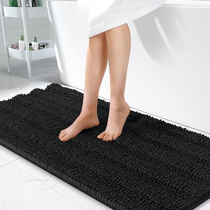 OLANLY Thick Bathroom Runner Rugs 47x24, Extra Absorbent Chenille Striped Bath Rugs, Rubber Backing, Machine Wash Dry, Long Bath Mats for Bathroom Floor, Tub and Shower, Home Decor Accessories, Black