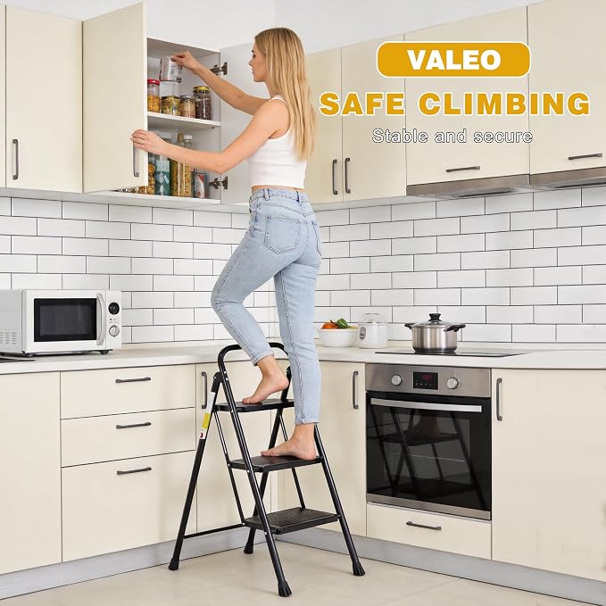 Valeo 3 Step Ladder, Step Stool with Wide Anti-Slip Pedal, 330 lbs Capacity,Step Ladder Folding Step Stool for Adults, Lightweight Steel Portable ladders for Home Kitchen & Office,Black