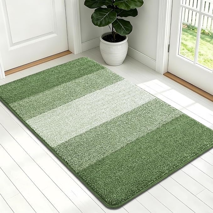 Kitinjoy Indoor Outdoor Door Mat, 54x32 Non-Slip Absorbent Dirt Trapper, Low-Profile Washable Inside Entrance Front Floor Mat, Sturdy Soft Entry Doormats for Entryway, Green