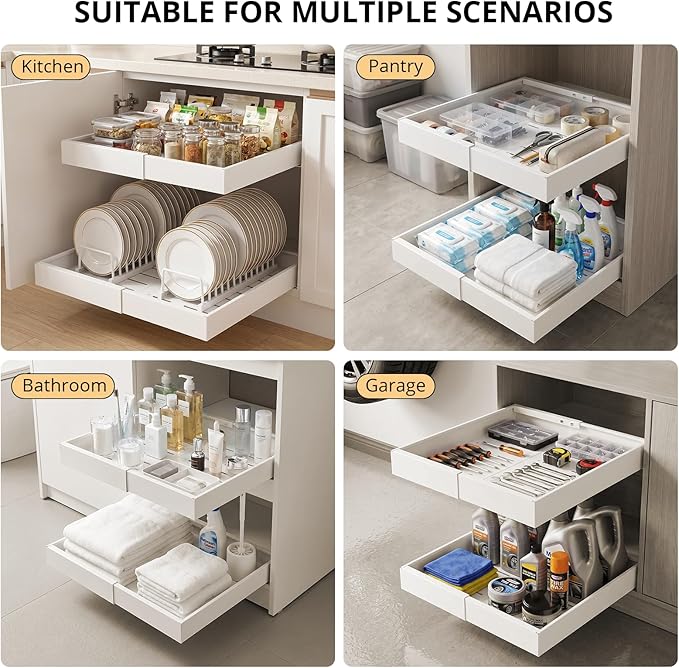 DOMNIU 4 Pack Pull Out Cabinet Organizers Expandable Width (12.4''-20.27''), Upgrade 3 Slide Rails Sliding Drawer for Kitchen Cabinet Organizer with Adhesive Nano Film, White