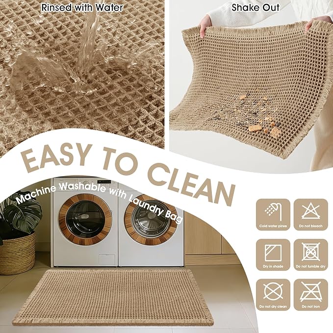 Waffle Bath Mat, Boho Woven Modern Bath Rug Absorbent Non Slip, Ultra Soft Bathroom Mats, Machine Washable Knit Bath Rugs Vertical Stripes with Ripples for Bathroom, Bedroom, Shower, 32"x20", Beige