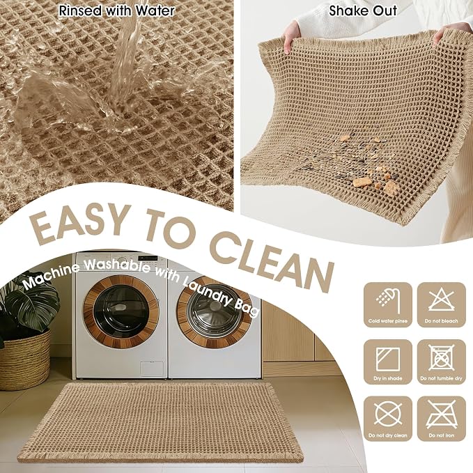Waffle Bath Mat, Boho Woven Modern Bath Rug Absorbent Non Slip, Ultra Soft Bathroom Mats, Machine Washable Knit Bath Rugs with Triangle Border for Bathroom, Bedroom, Kitchen, 36"x24", Beige & White