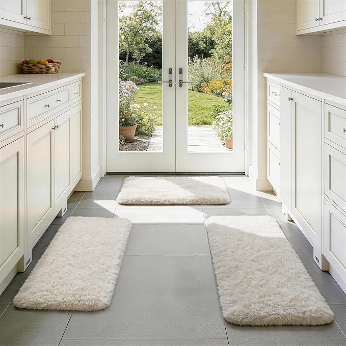 Ophanie Small Rug Washable Non Slip Throw Bedside Area Rugs, Fluffy Soft Mini Bedroom Carpet, 1.5x2.5，1.5x4 and 1.5x5 Rug Set, 3 Piece Ivory