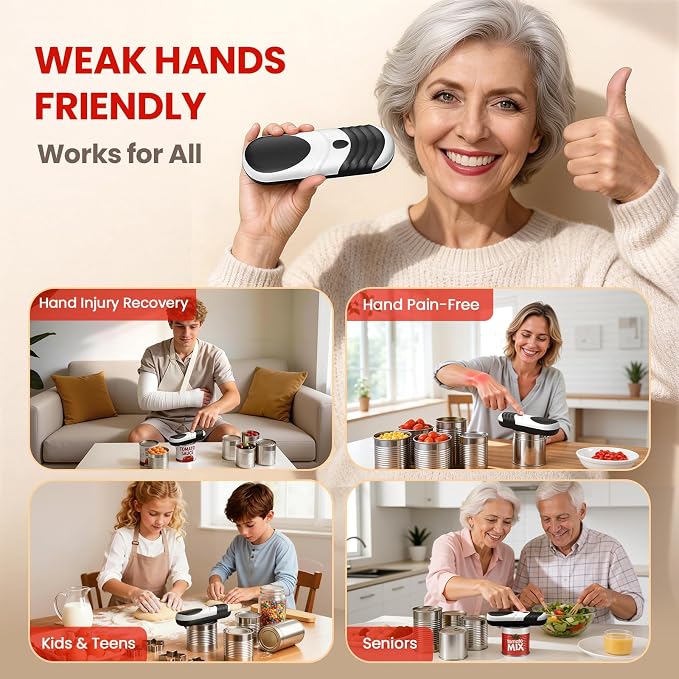 One Touch Electric Can Opener Fits Almost All Can Sizes for Seniors with Arthritis, Rechargeable Smooth Edge Can Opener with Magnetic Cover Catch, Food Safe Kitchen Gadget