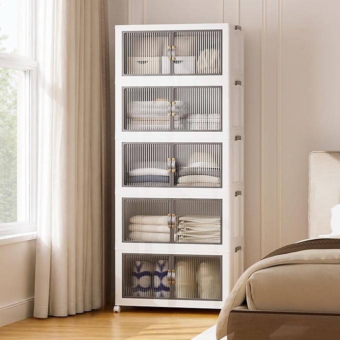 SAILUN 145Gal/580Qt Stackable Storage Bins Folding Collapsible Storage Bins with a Lid, Closet Organizers and Storage,White 26" W x 17" D x 71" H