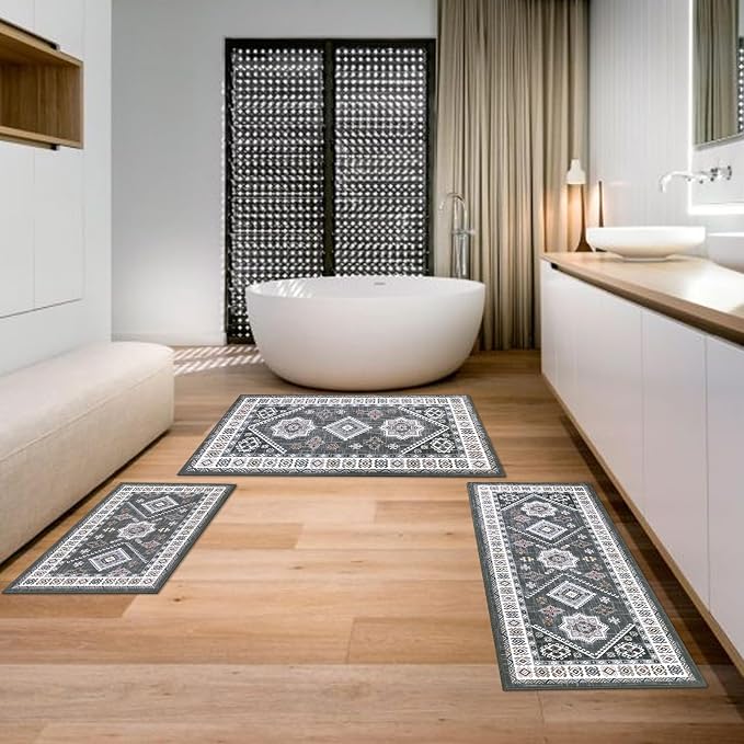HEBE Boho Kitchen Rug Sets 3 Piece with Runner Non Slip Kitchen Rugs and Mats Washable Kitchen Mats for Floor Thick Kitchen Floor Mat Carpet Runner Rugs for Hallway Laundry Holiday Decor
