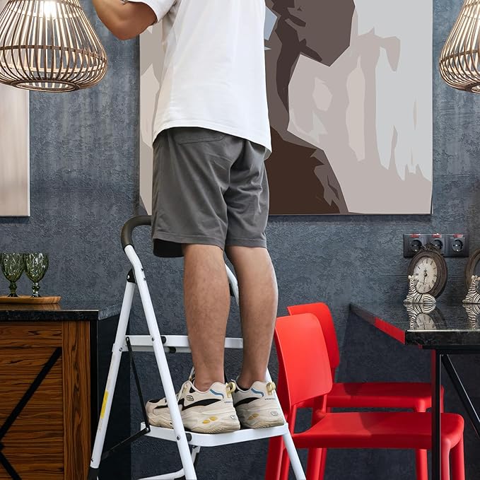 Big RED 2 Step Ladder: Ergonomic Folding Stool with Anti-Slip Pedal, Step Stool with Padded Handle for Kitchen, Household, Offices. 400 lb Capacity