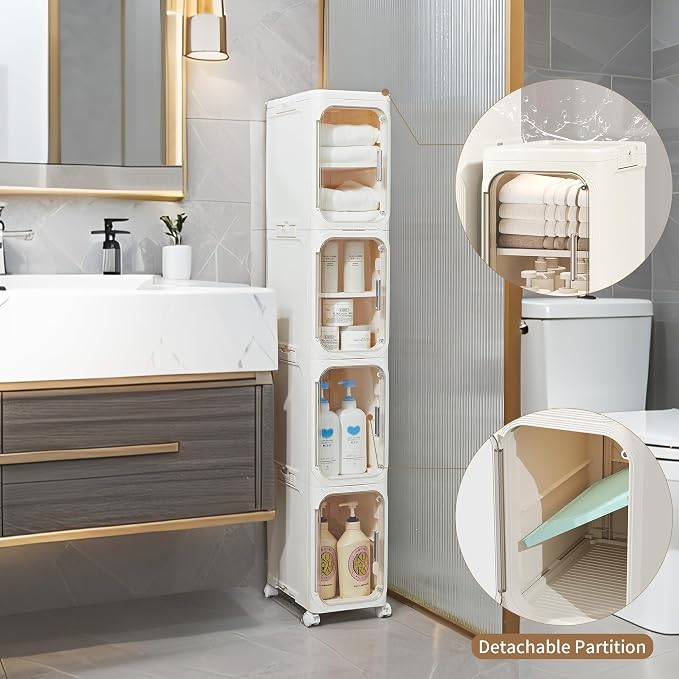 LXLXXL Narrow Storage Cabinet Slim Bathroom Storage Cabinet with Movable Wheels Tall Bathroom Organizer Skinny Cabinet for Small Spaces，2-Tier Beige