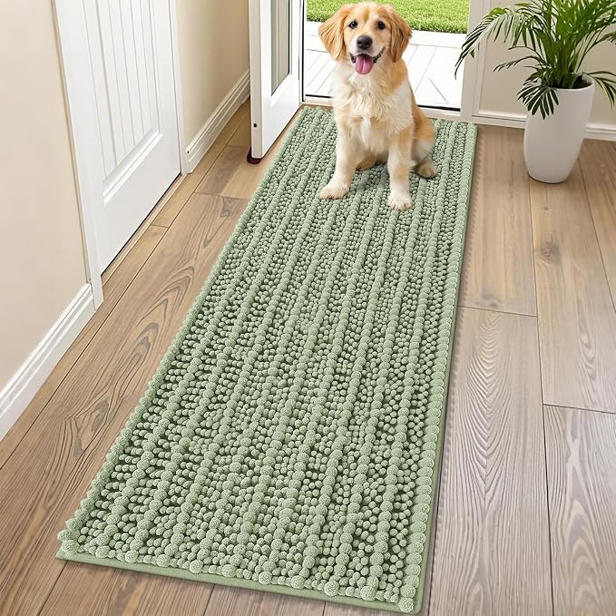 Smiry Dog Door Mat for Muddy Paws 70x24, Absorbent Dirt Trapper, Non-Slip Washable Chenille Entryway Rug for Inside Floor, Sage Green, Layered Pattern