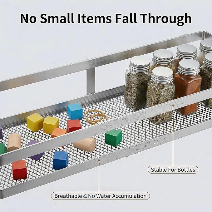 PUSDON 5-in-1 16.5" Extra Long Kitchen Organizer & Shower Caddy Set, Wall Mount Spice Rack with Paper Towel Holder, Utensil Holder & Soap Dish, Rustproof Mesh - Silver Gray, Guardrail